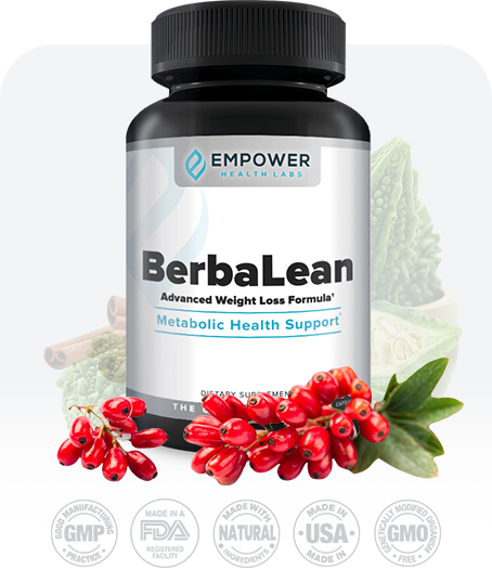 BerbaLean supplement bottle with natural ingredients & quality icons